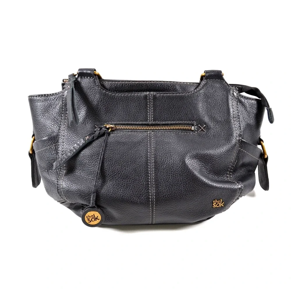 The Sak Black Pebbled Leather Hobo Shoulder Bag Zip Double Handle‎ 3 Section
